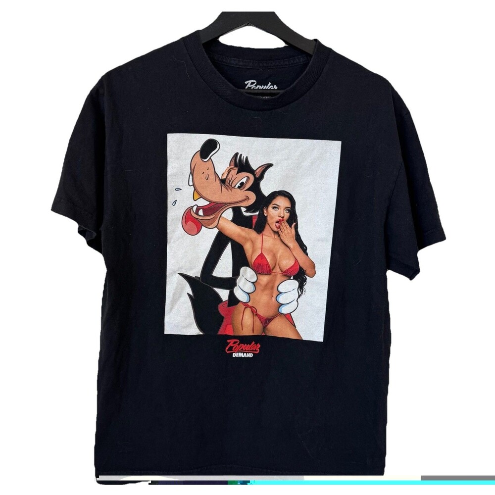 Popular Demand Graphic T-Shirt Men’s Medium Black Streetwear Pin-Up Cartoon Tee